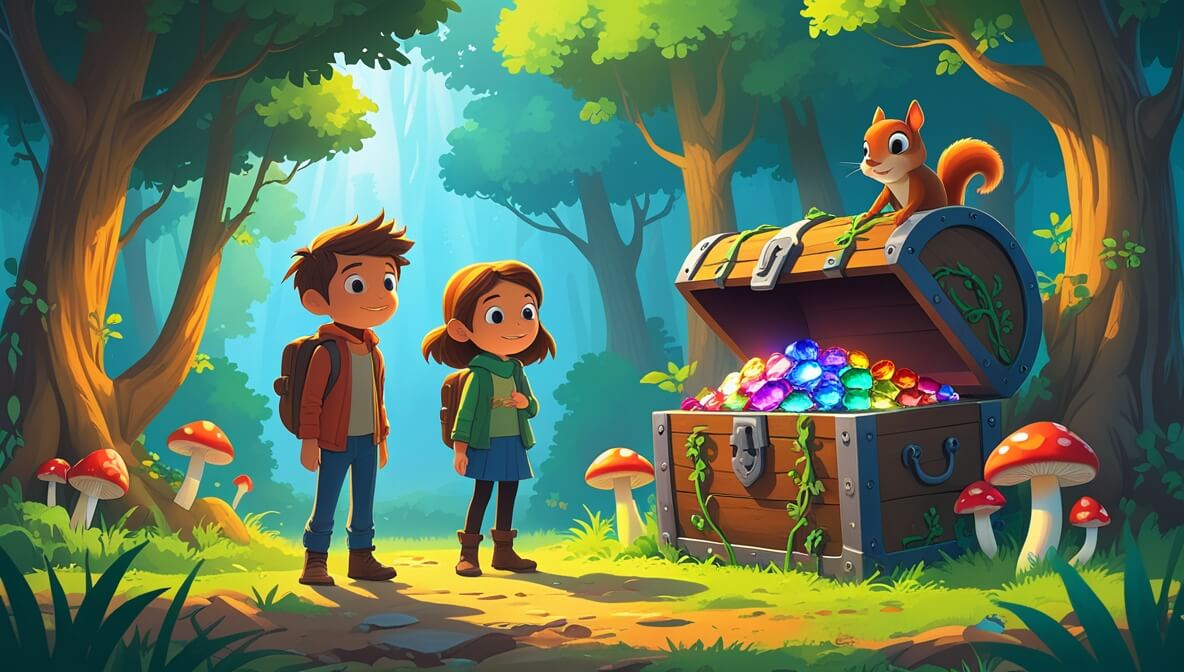 Finn, Luna, and Nutmeg beside a gem-filled chest in a sunlit forest with lush trees and colorful mushrooms.
