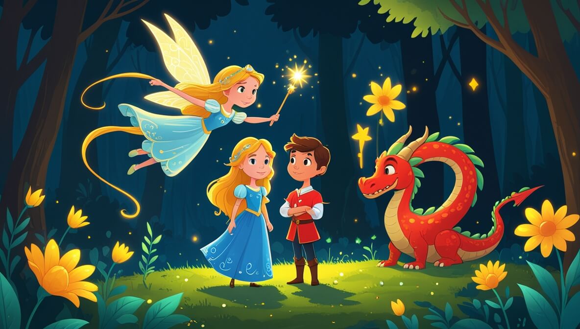 Princess and prince with a glowing fairy, friendly dragon, and magical flower in a dark forest.