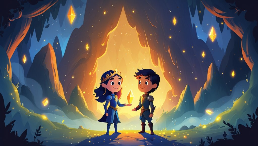 Princess in a flowing gown, prince with shimmering sword, fairy with sparkling dust, and dragon soaring above a lush kingdom.
