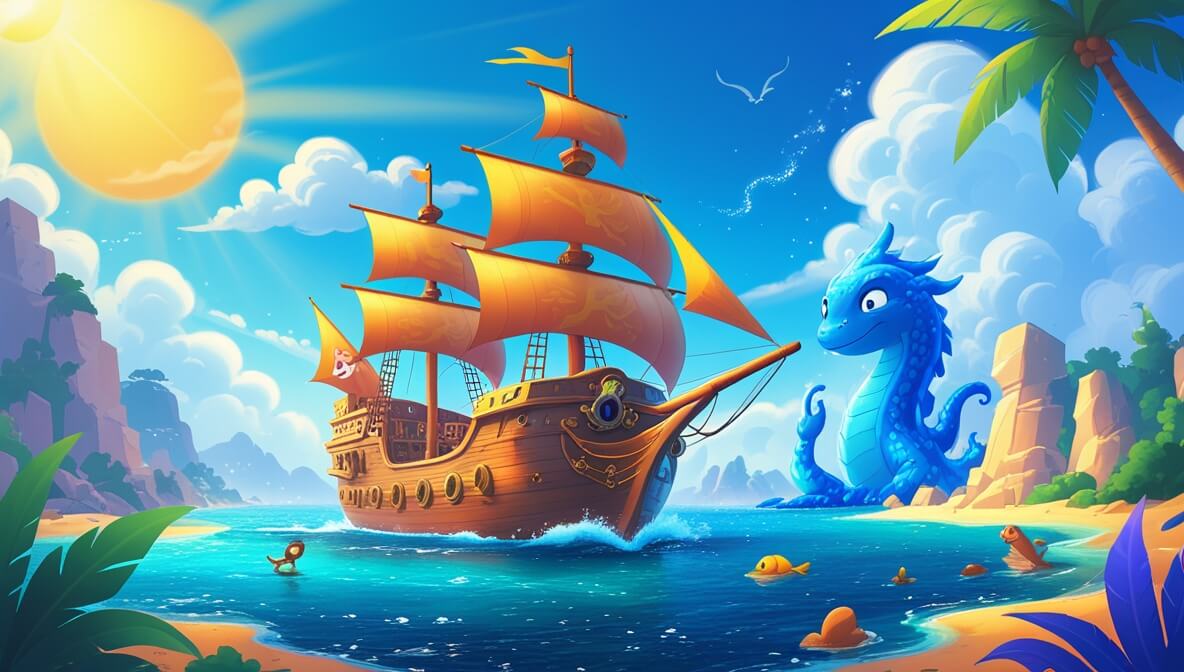 Pirate ship sailing on the ocean; Captain Zephyr, First Mate Luna, and Finn near the sparkling Sapphire Lagoon.