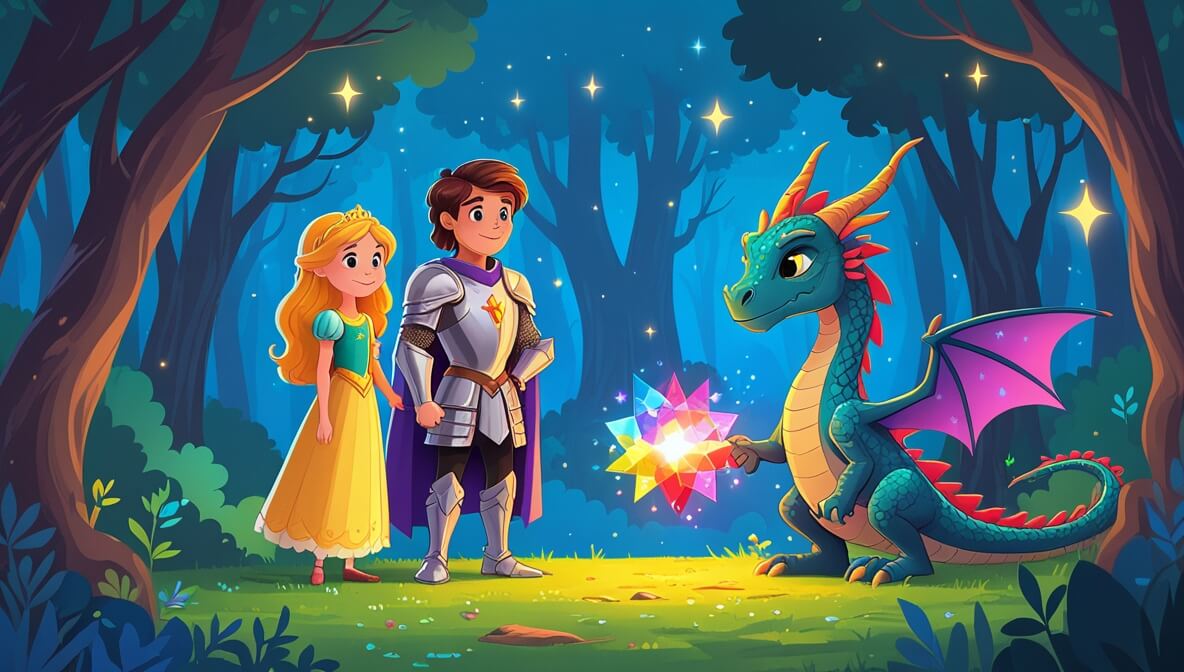 Princess and knight in mystical forest with twinkling stars, near dragon holding radiant, colorful gem.