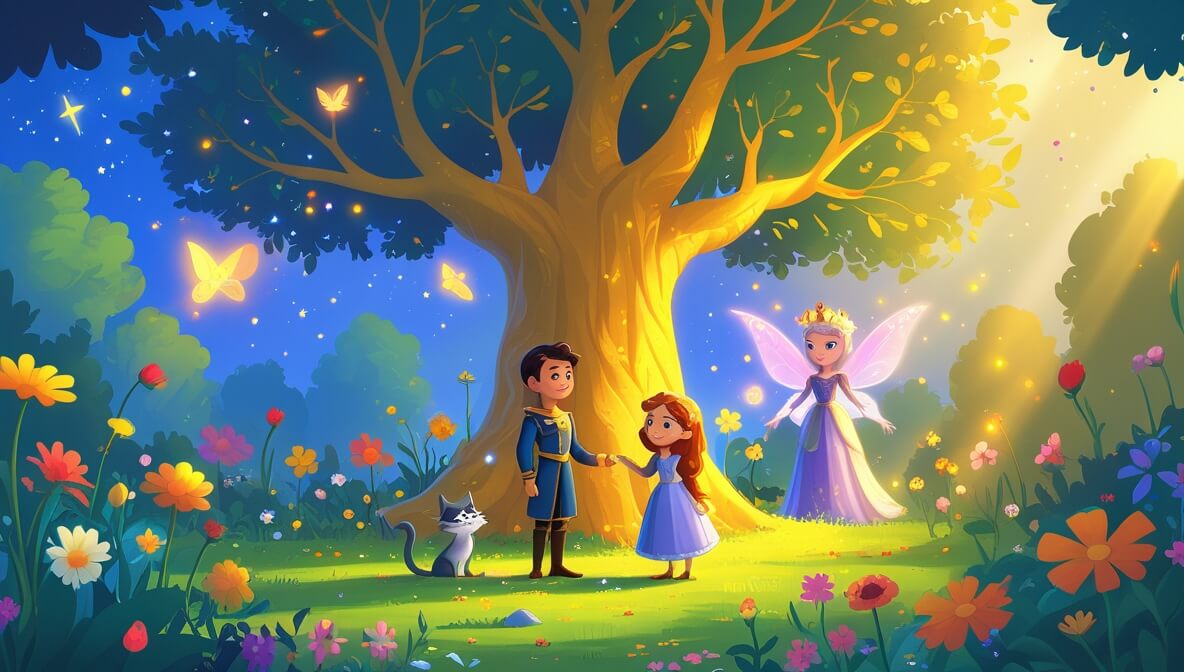 Princess and knight in a colorful garden with a golden tree, lounging cat, and glowing fairy godmother.