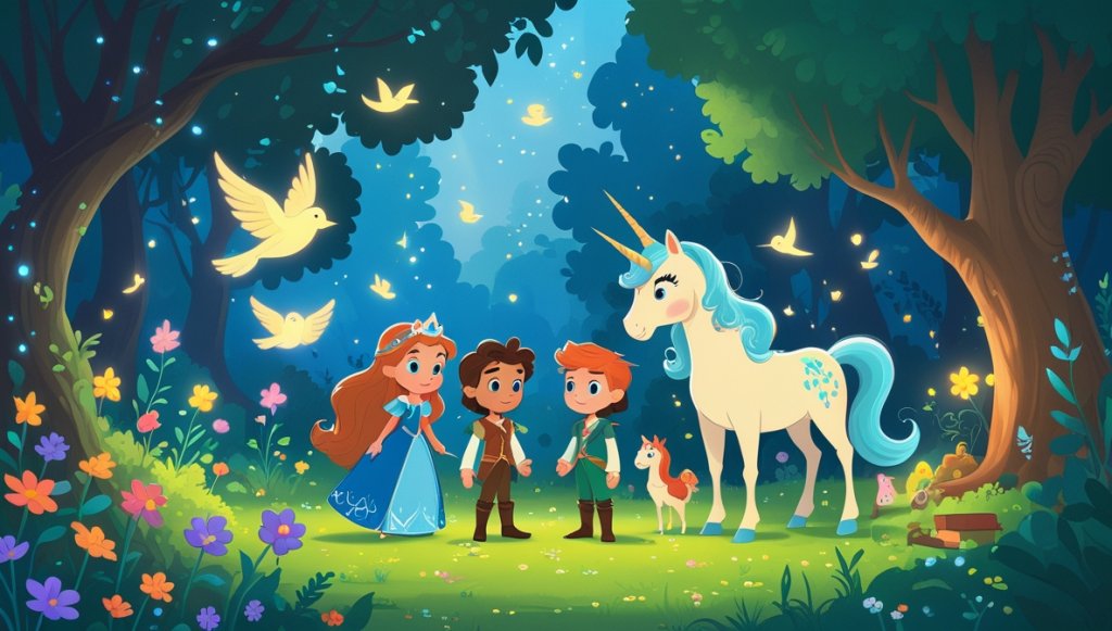 Princess Elowen and Sir Cedric in a magical garden with Mira the unicorn and Grimelda the forest guardian.