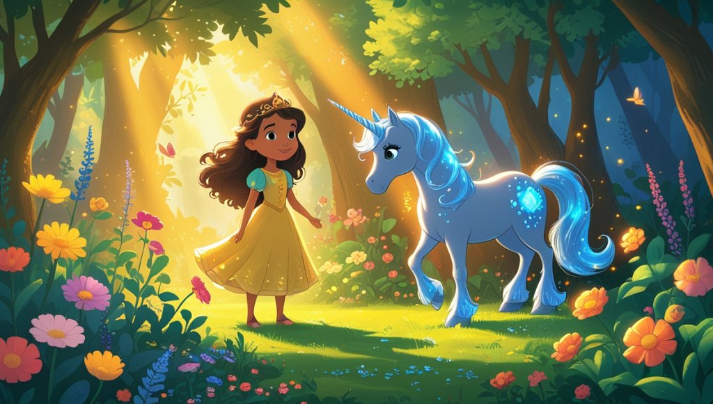 Princess Amara with unicorn Silvershine in a vibrant secret garden under golden sunlight.