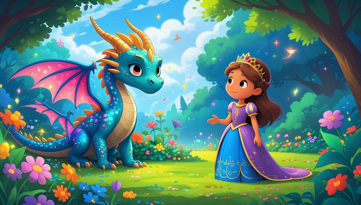 Shimmering dragon with star-like scales and a princess in a vibrant flower garden under a bright sky.