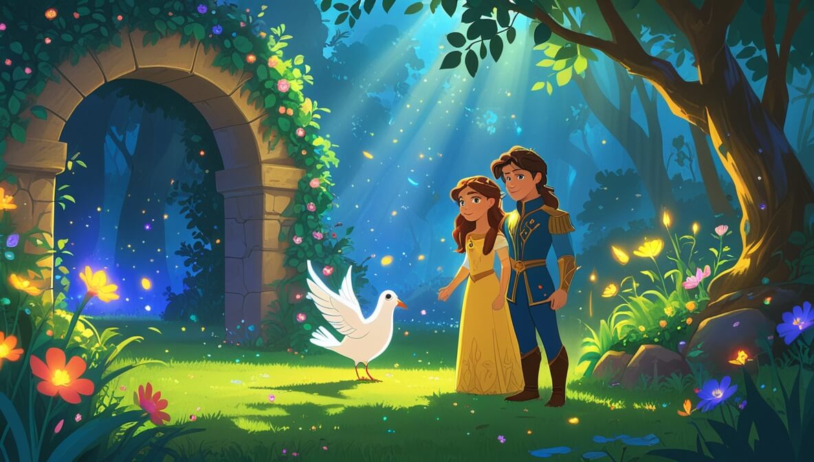Princess and prince in a glowing garden with a rainbow-feathered dove under dappled sunlight through leaves.