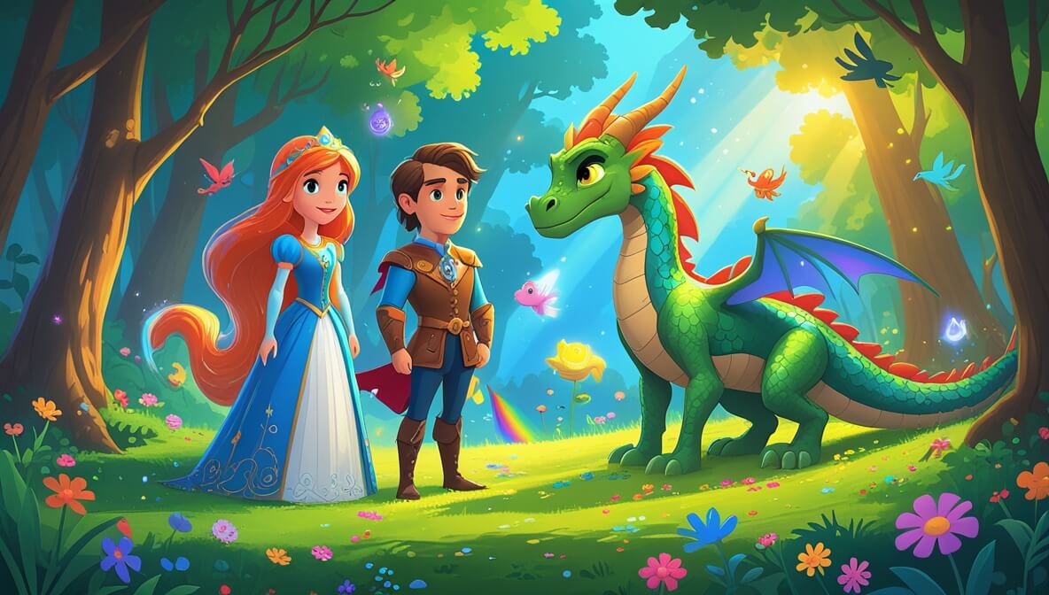 Princess Meliora with Sir Galen and rainbow-scaled dragon in a sunlit, lush forest with magical creatures.