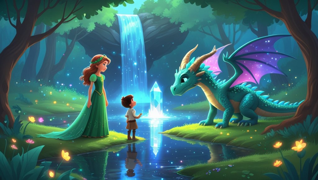 Princess in green dress with a sparkling dragon beside a glowing lake, under a rainbow waterfall in a lush forest.