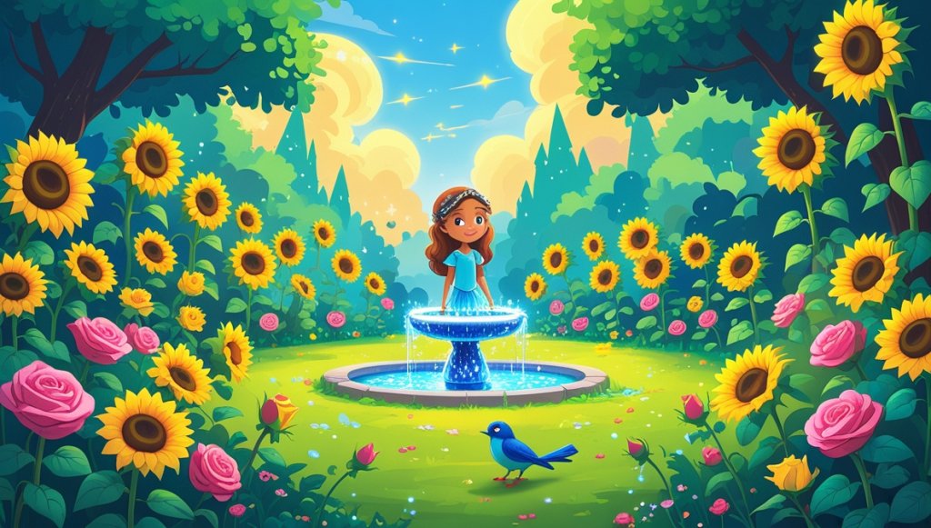 Princess Isabella in a garden with giant sunflowers, multicolored roses, and an enchanted sparrow by a fountain.