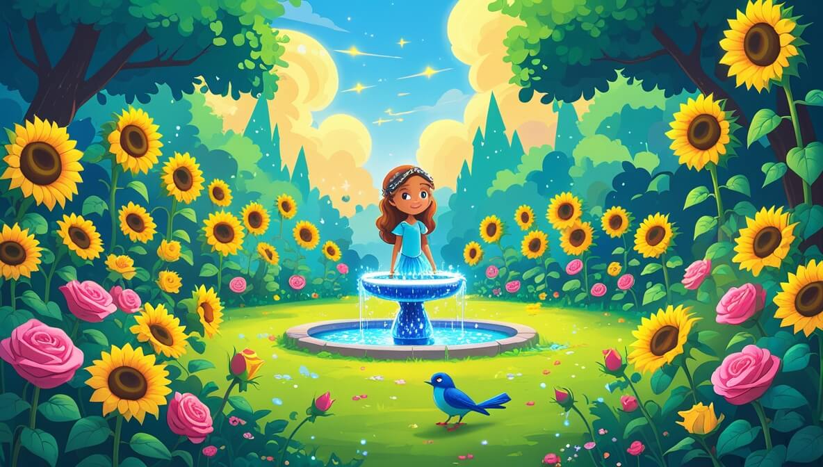 Princess Isabella in a garden with giant sunflowers, multicolored roses, and an enchanted sparrow by a fountain.