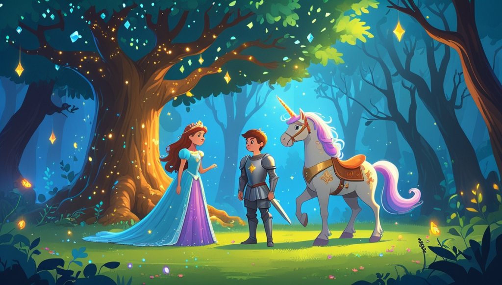 Princess and knight face a glowing unicorn in an enchanted forest, shadows hinting at a lurking sorceress nearby.