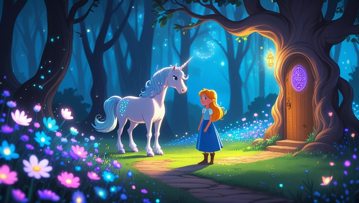 Princess with golden hair on a flower-lined path, beside a unicorn and a twisted tree with a carved door, in magical light.