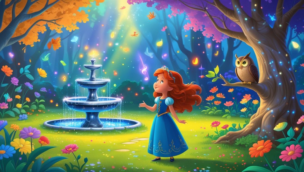 Young princess in a magical garden with colorful flowers, silver fountain, and a wise owl on a silver tree.