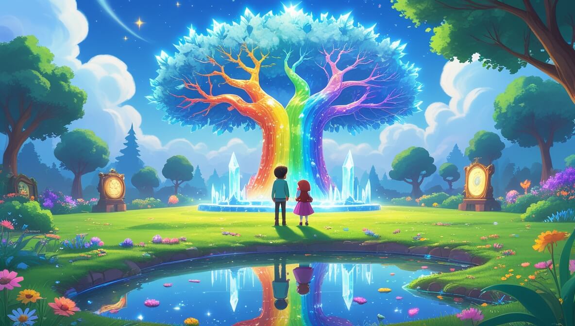 Princess and knight stand by a crystal tree with rainbow branches, near a glowing pond and singing flowers.