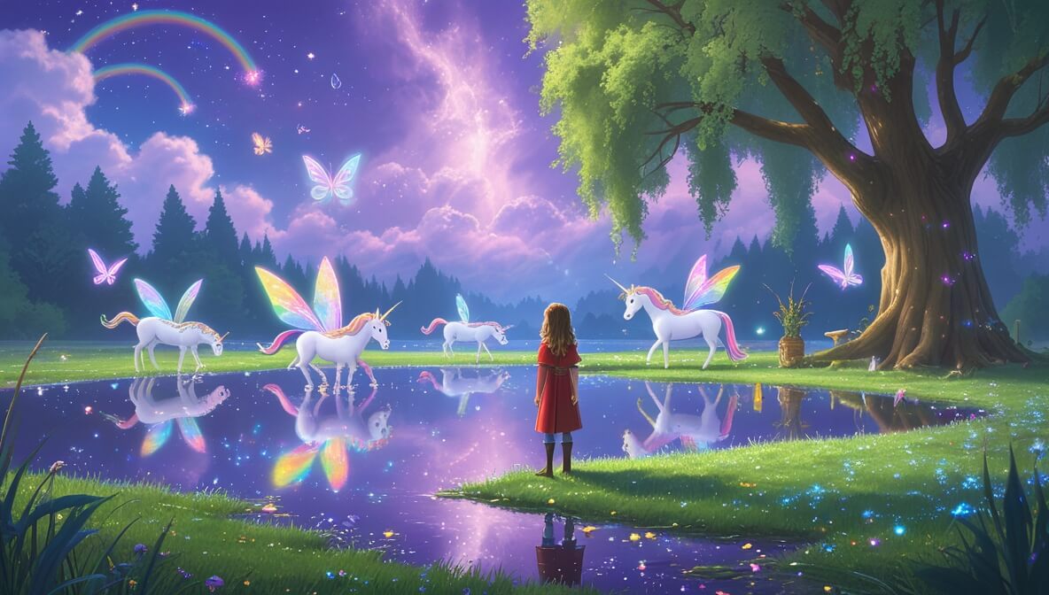 Princess and prince admire a magical lake, with fairies, unicorns, and a grand willow tree under a purple sky.