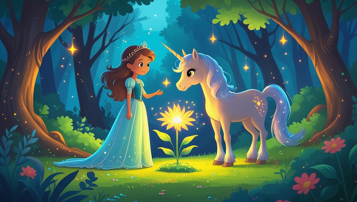 Princess Maribel and unicorn Wynne in an enchanted forest, gazing at a radiant, glowing flower.