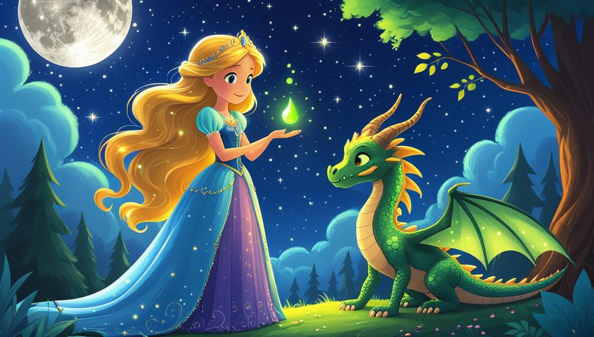 Princess with golden hair on a mountain, holding a glowing dewdrop. Dragon with shimmering scales beside her.