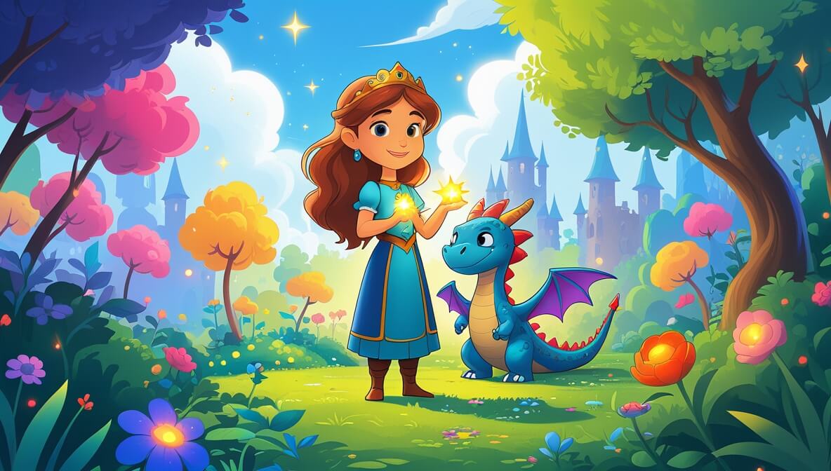 Princess with glowing Starstone, vibrant gardens, friendly dragon, and knight under a bright, clear sky.