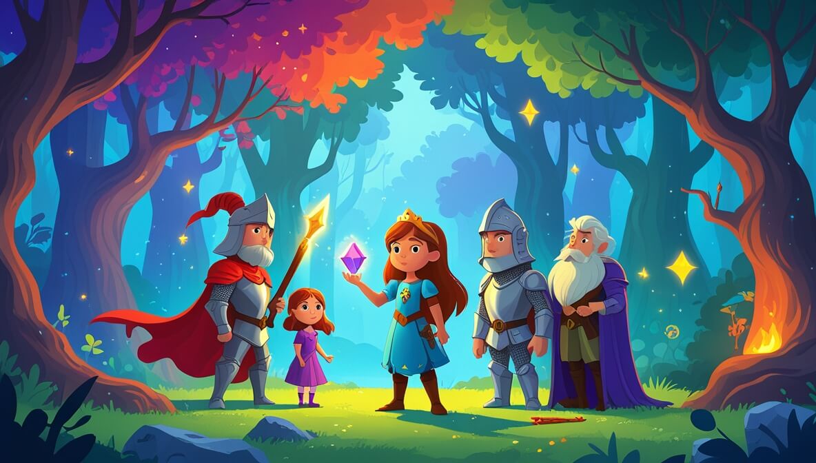 Princess Amara with a glowing gem, a knight, fairy, and magician facing a stone dragon in a vibrant forest.