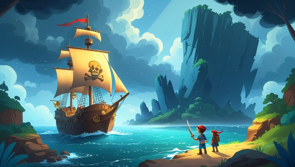Pirate ship approaching rocky island with stormy skies; Captain Marlow holds map, crew adjusts sails, caves visible ahead.