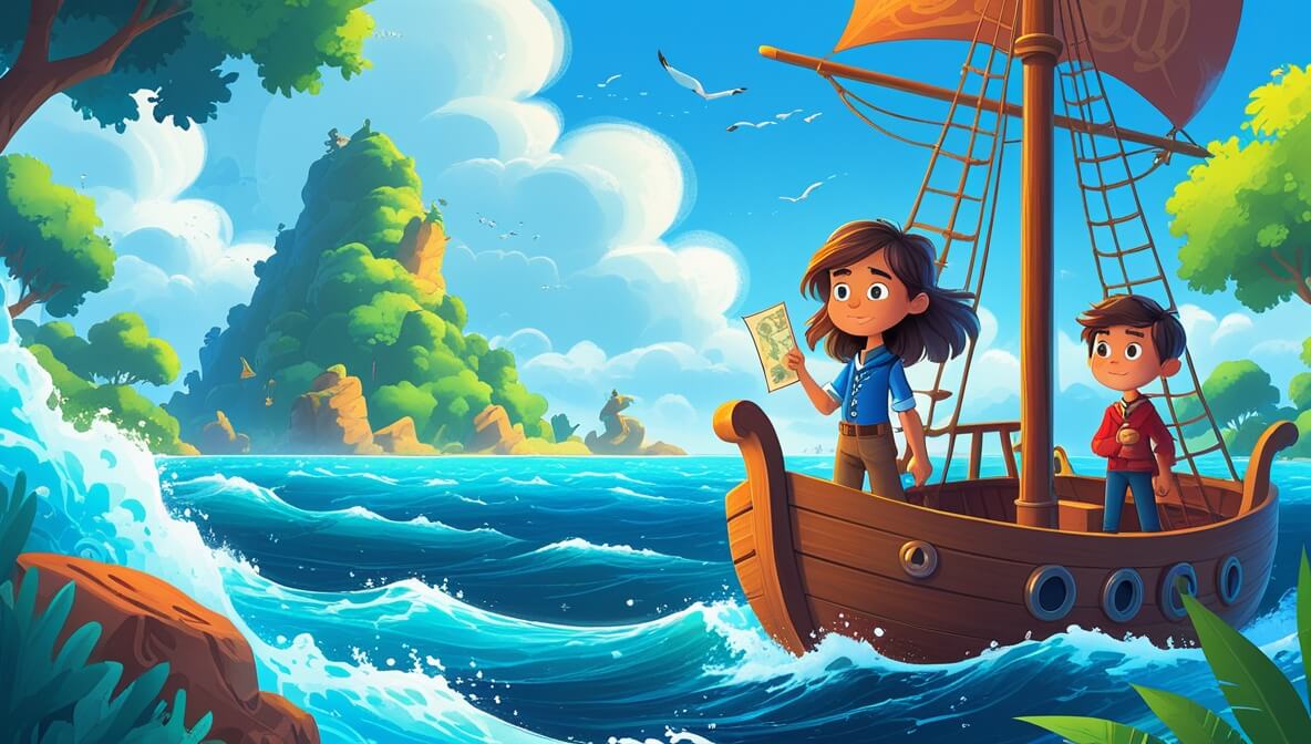 Captain Hazel on The Sea Hawk with a map, joined by Sailor Finn and Navigator Petra, approaching the lush Isle of Echoes.