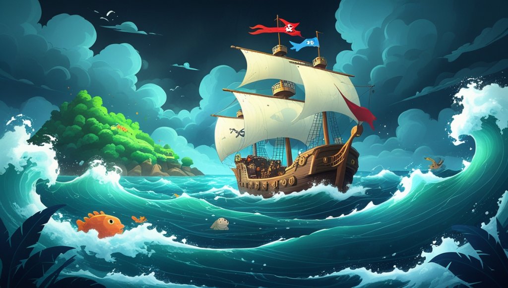 Pirate ship battling stormy seas with Captain Brinebeard, dark clouds, and a mysterious island ahead.