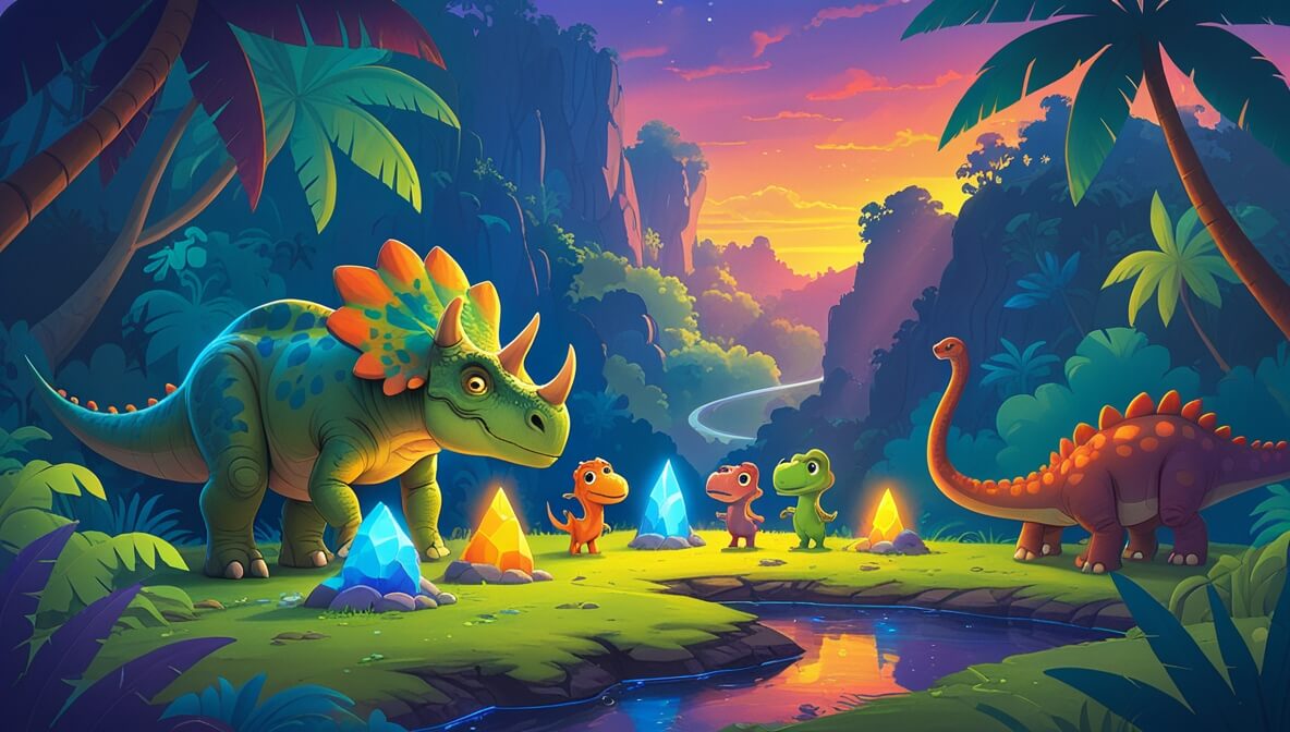 Triceratops with friends by glowing stones in a colorful jungle valley at sunset.