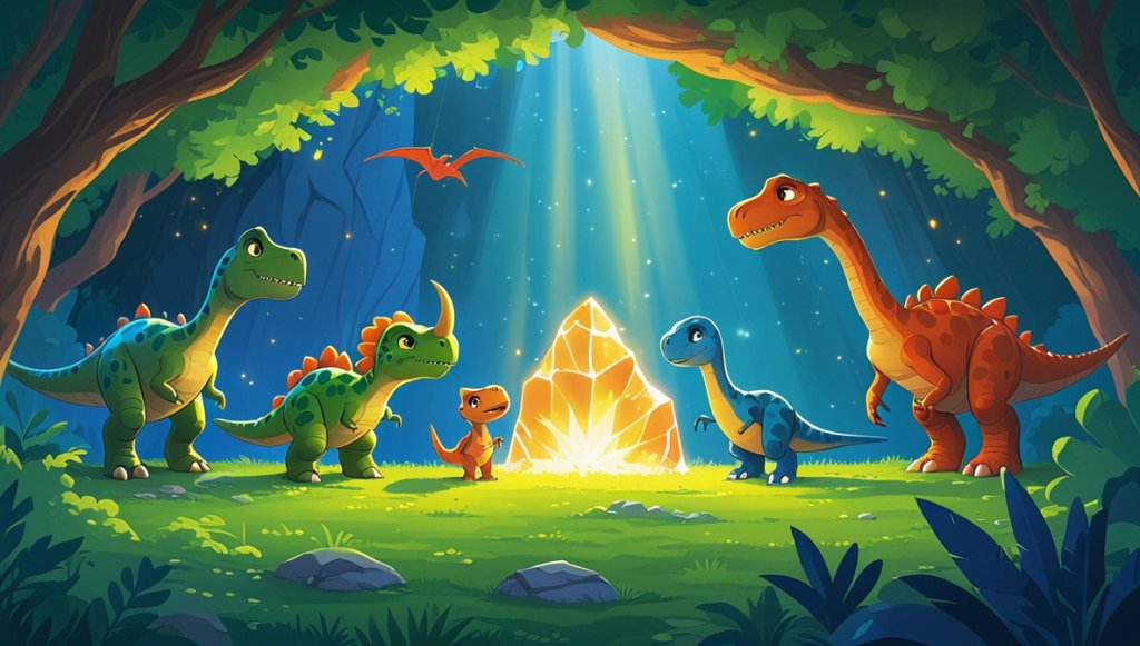 Brave dinosaur Rocco and friends admire a glowing stone in a cave, surrounded by shimmering light patterns.
