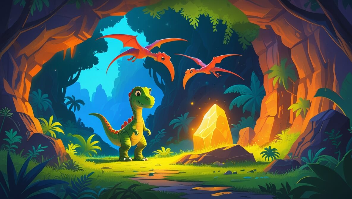 Curious dinosaur Zog with glowing stone, twin Pterodactyls above, ancient cave with vibrant dinosaur paintings.