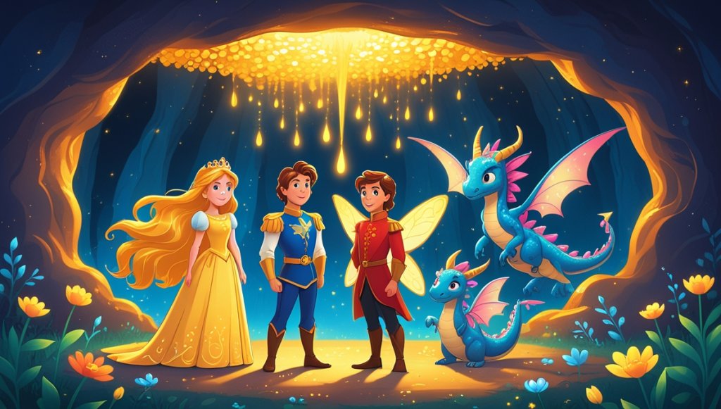 Princess with golden hair, prince, fairy, and gentle dragon in a cave with a glowing mystical flower.