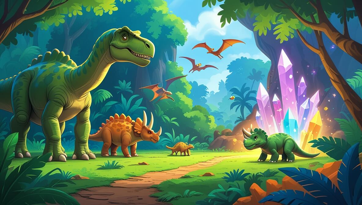 Brachiosaurus in a green jungle, Pterodactyl flying, baby Triceratops, Velociraptor near glowing crystal valley.