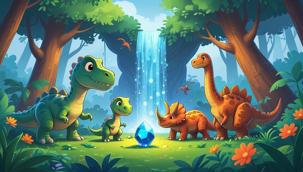 Curious dinosaur with a glowing stone near a waterfall, surrounded by Brachiosaurus, Triceratops, and Pterodactyl.