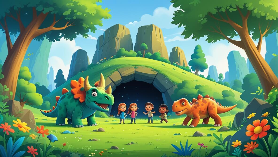 Dinosaurs gather outside a flower-filled valley cave: triceratops, velociraptor, brachiosaurus, and pterodactyl.