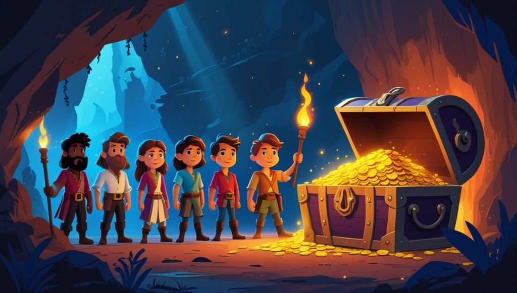 Pirate crew in a cave with an open treasure chest filled with gold coins and jewels, surrounded by torchlight.