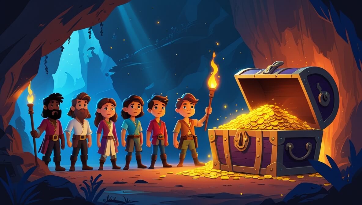 Pirate crew in a cave with an open treasure chest filled with gold coins and jewels, surrounded by torchlight.