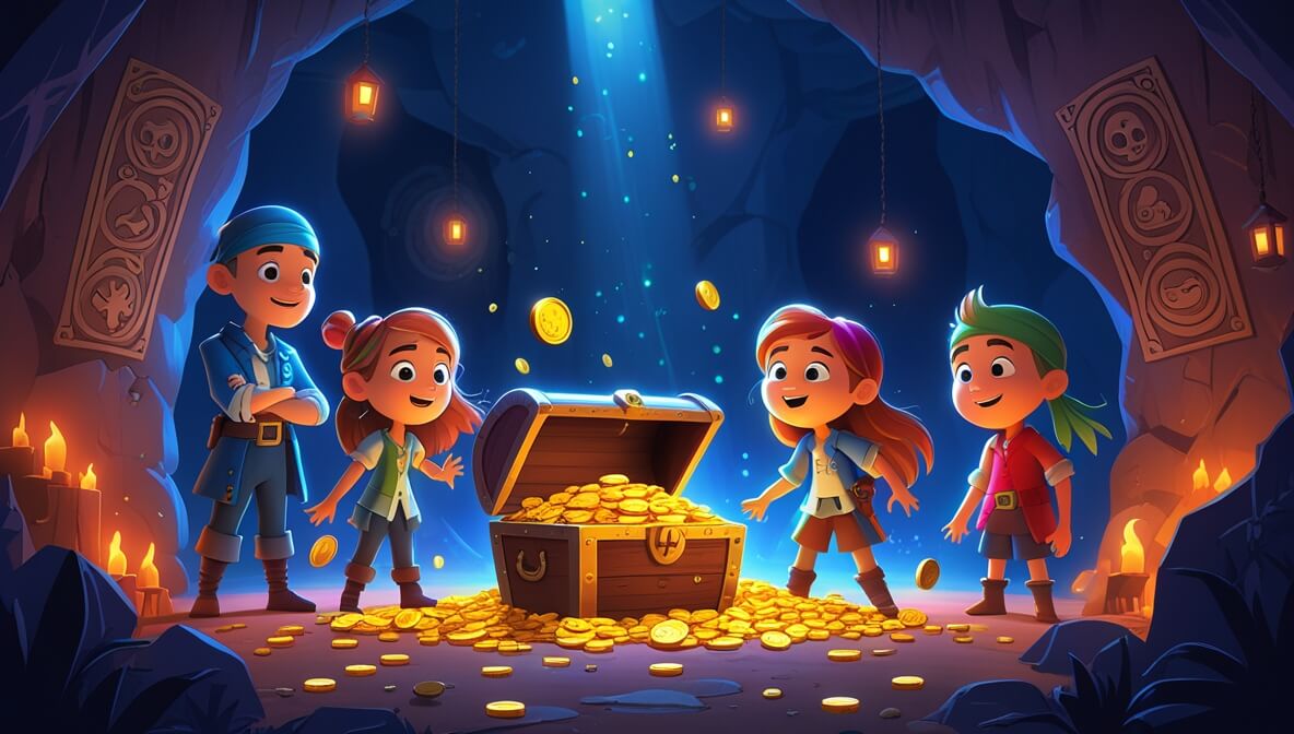 Pirates in a cave with gold coins, jewels, lantern light reflecting on excited faces and ancient carvings.