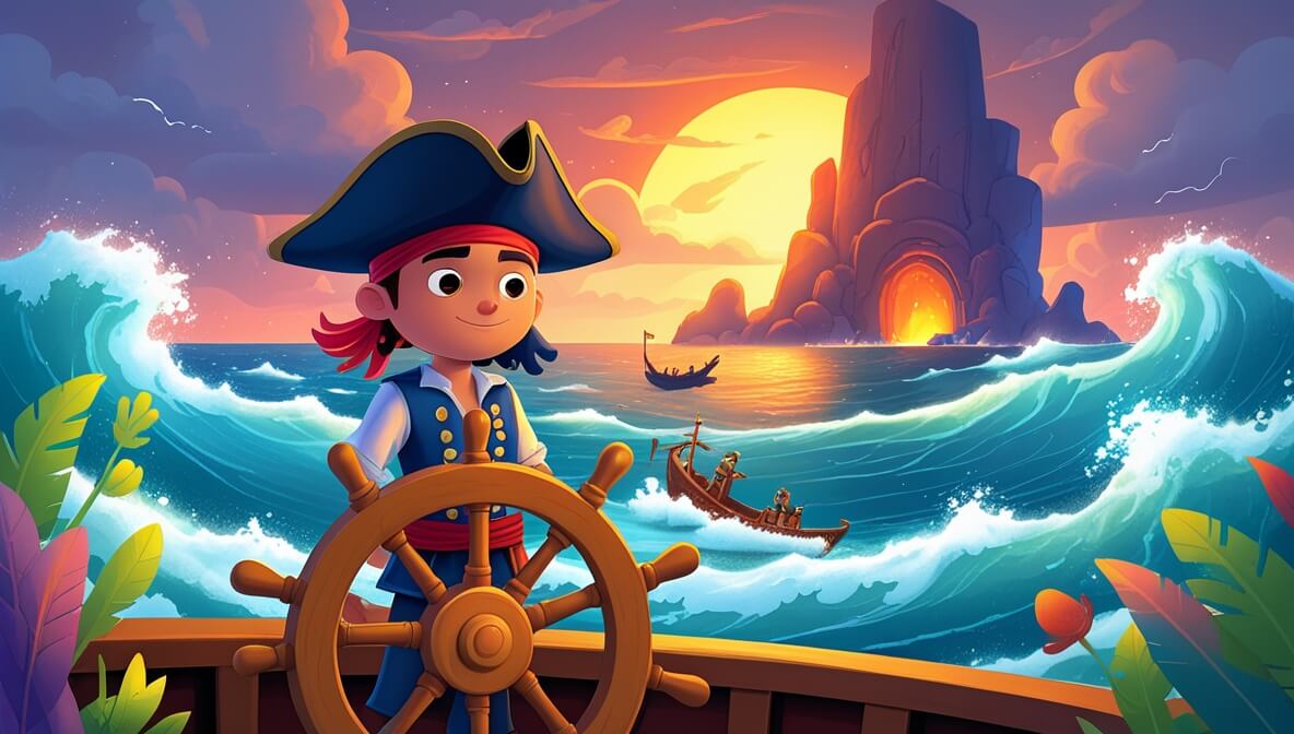 Pirate captain steering ship in stormy sea, crew onboard, glowing cave on distant island at sunset.