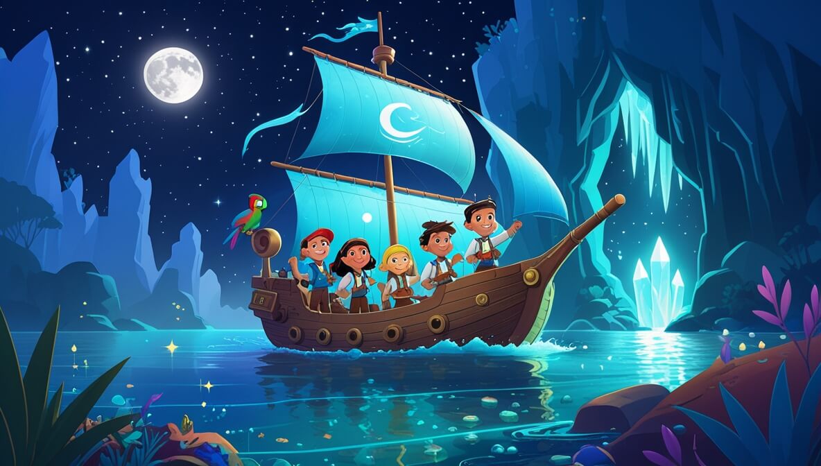 Pirate ship sails to glowing cave under starry sky; crew excited, parrot on mast, lagoon sparkles in moonlight.