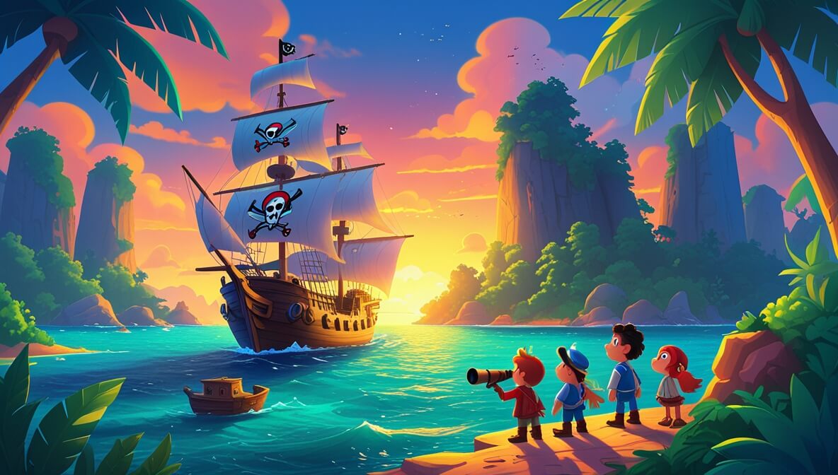 Pirate ship approaches lush island at sunset; Captain Marlow with telescope, crew excited, lagoon ahead.