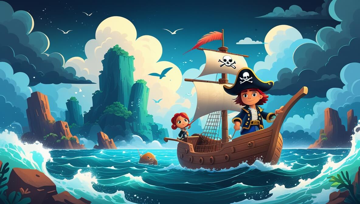 Brave pirate Captain Finn steers the Sea Serpent through stormy seas toward a mysterious island cave.