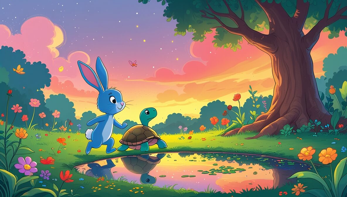 Curious bunny Thistle and wise turtle Sheldon explore a vibrant garden with colorful flowers and a sunset pond.