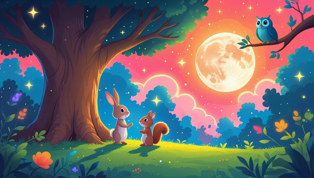 Playful rabbit and squirrel by a glowing oak tree under a smiling moon in a starry pink-orange twilight forest.