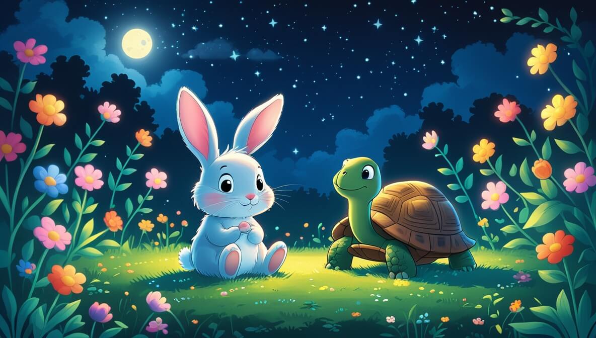Curious rabbit and wise tortoise in a starlit garden, surrounded by colorful flowers and moonlight.