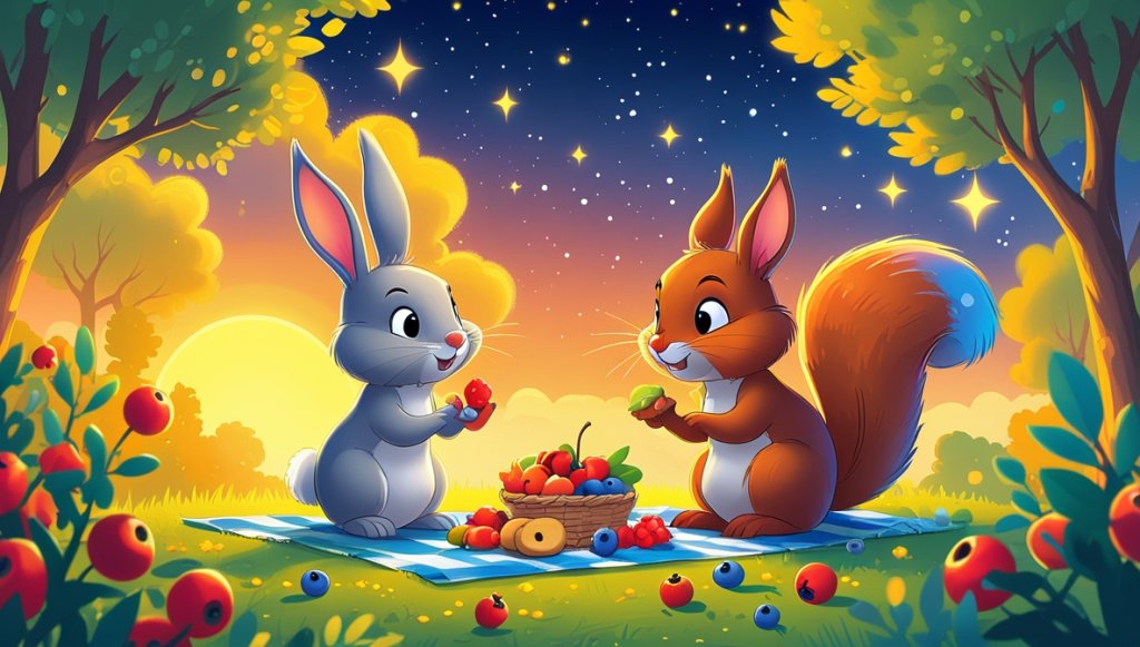 Curious bunny and playful squirrel at a colorful picnic in a sunny garden, under a warm, starry evening sky.