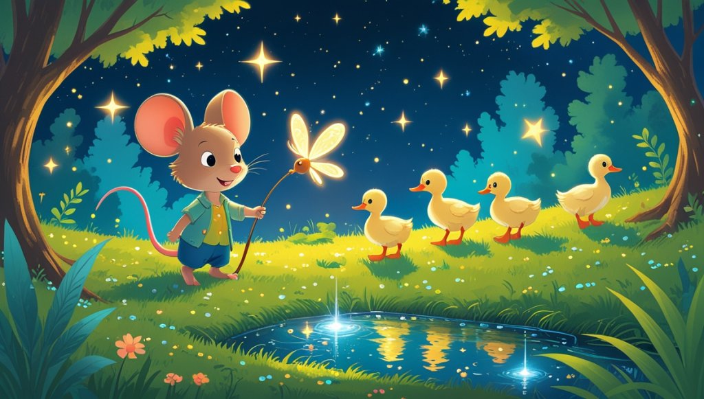 A curious mouse and glowing firefly by a sparkling stream with ducklings under a starry night sky.