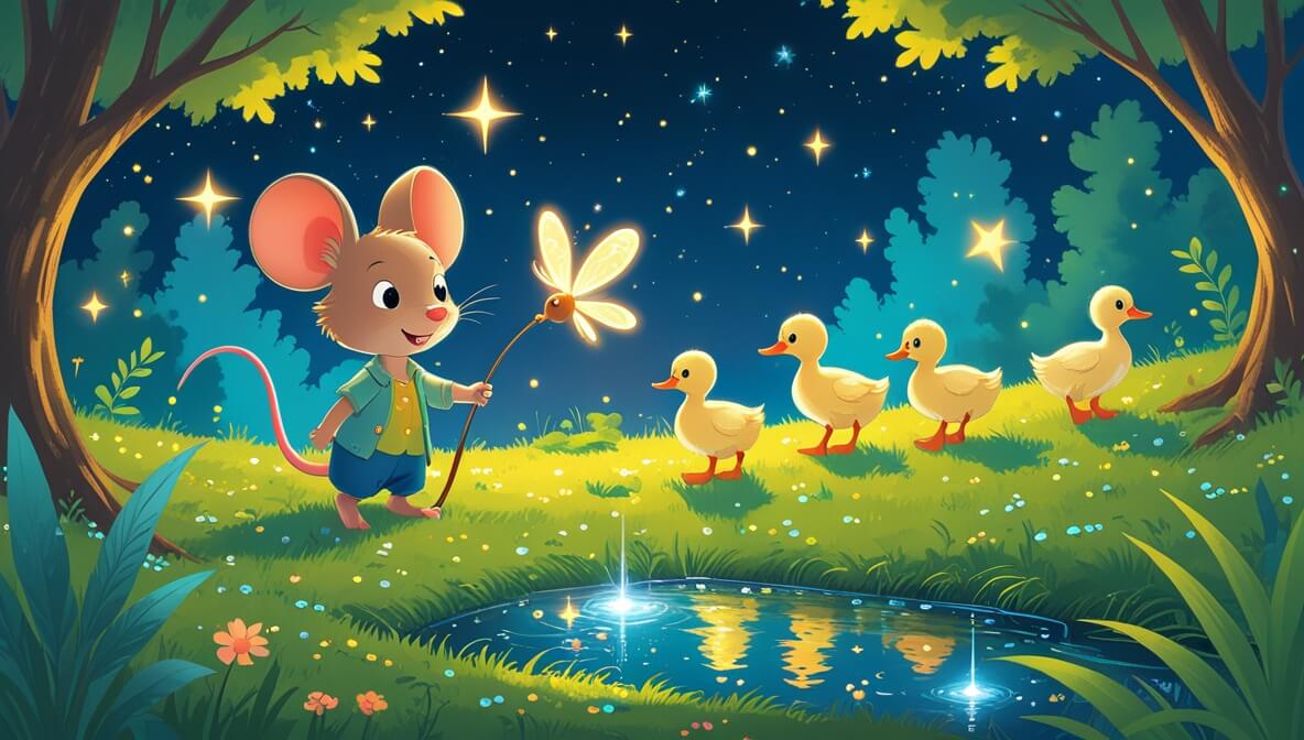A curious mouse and glowing firefly by a sparkling stream with ducklings under a starry night sky.