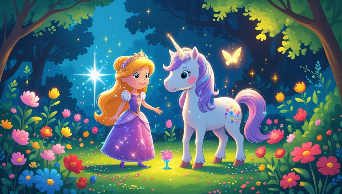 Princess Rosalie and Twinkle the unicorn in a colorful flower garden, surrounded by a magical glow.