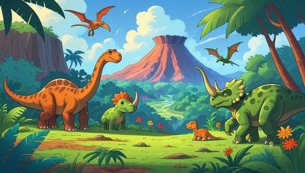 Prehistoric jungle with Brachiosaurus, Pterodactyl, Triceratops, Velociraptor, flowers, and a dormant volcano.