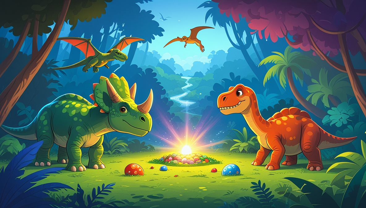 Young triceratops and friendly T-Rex in colorful valley with purple-orange skies and vibrant flowers.
