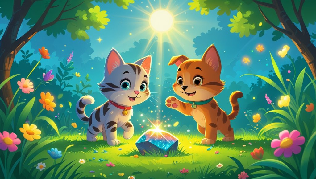 Curious kitten and playful puppy in a vibrant garden, discovering a sparkling stone under the bright sun.